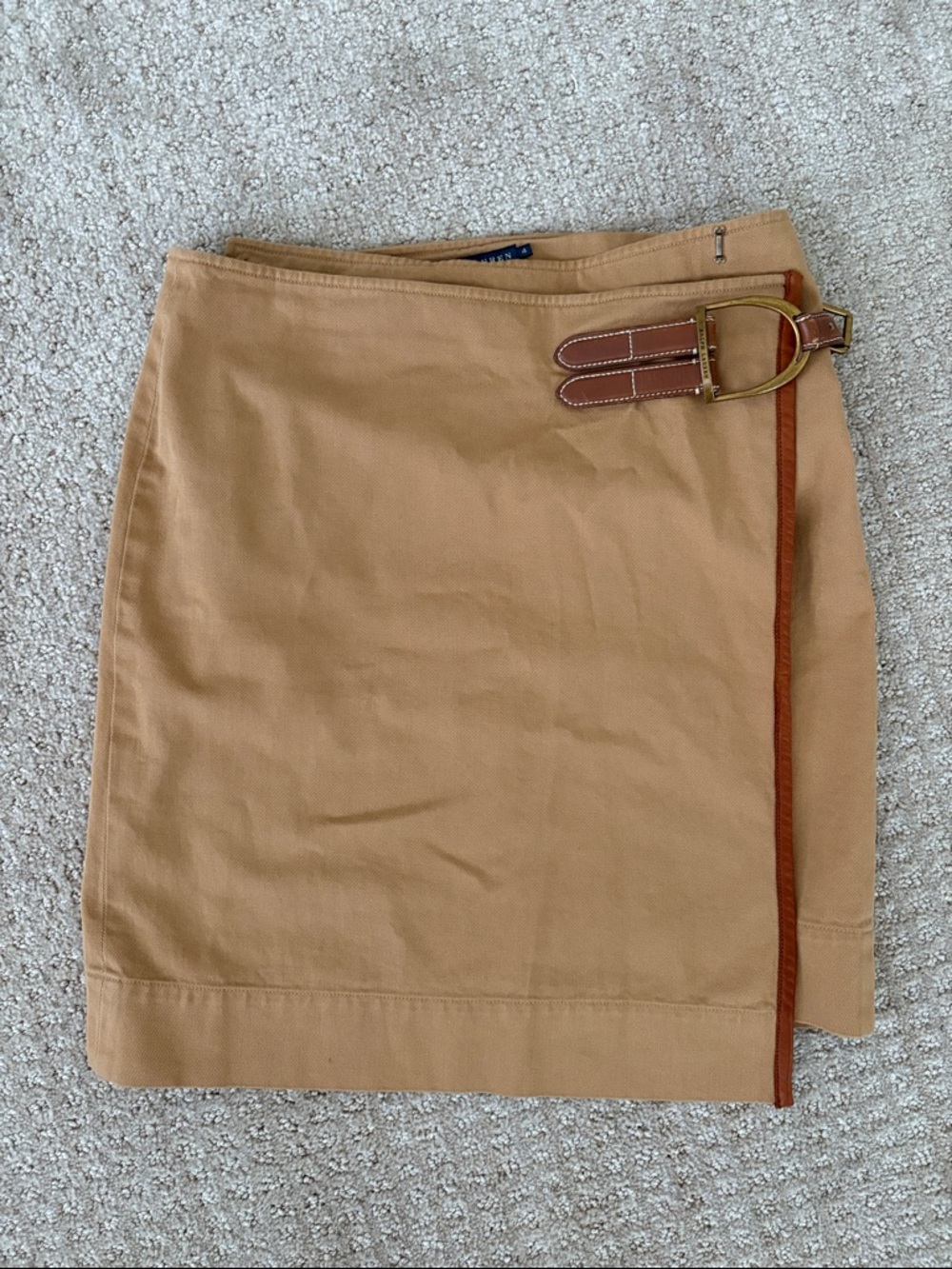 Ralph Lauren Tan Mini Wrap Skirt with Brown Trim and Gold Buckle